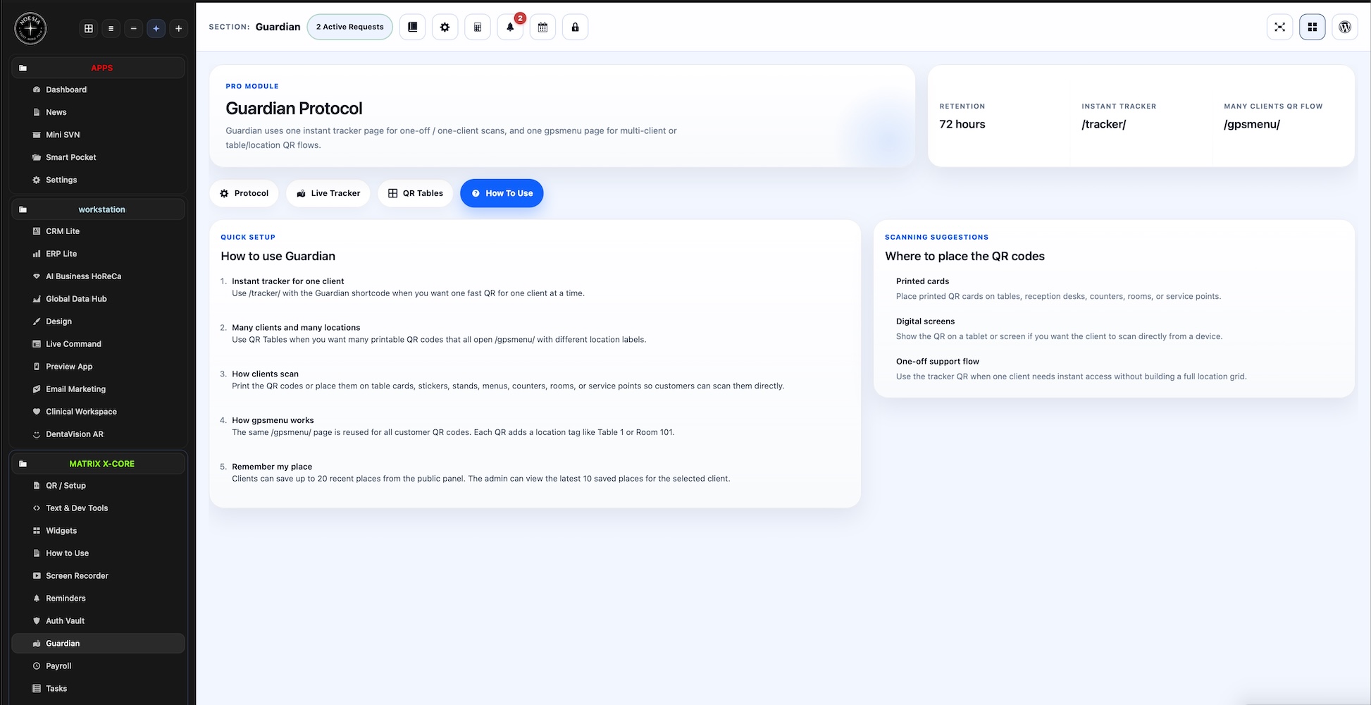 Guardian precision tracking and session control screenshot
