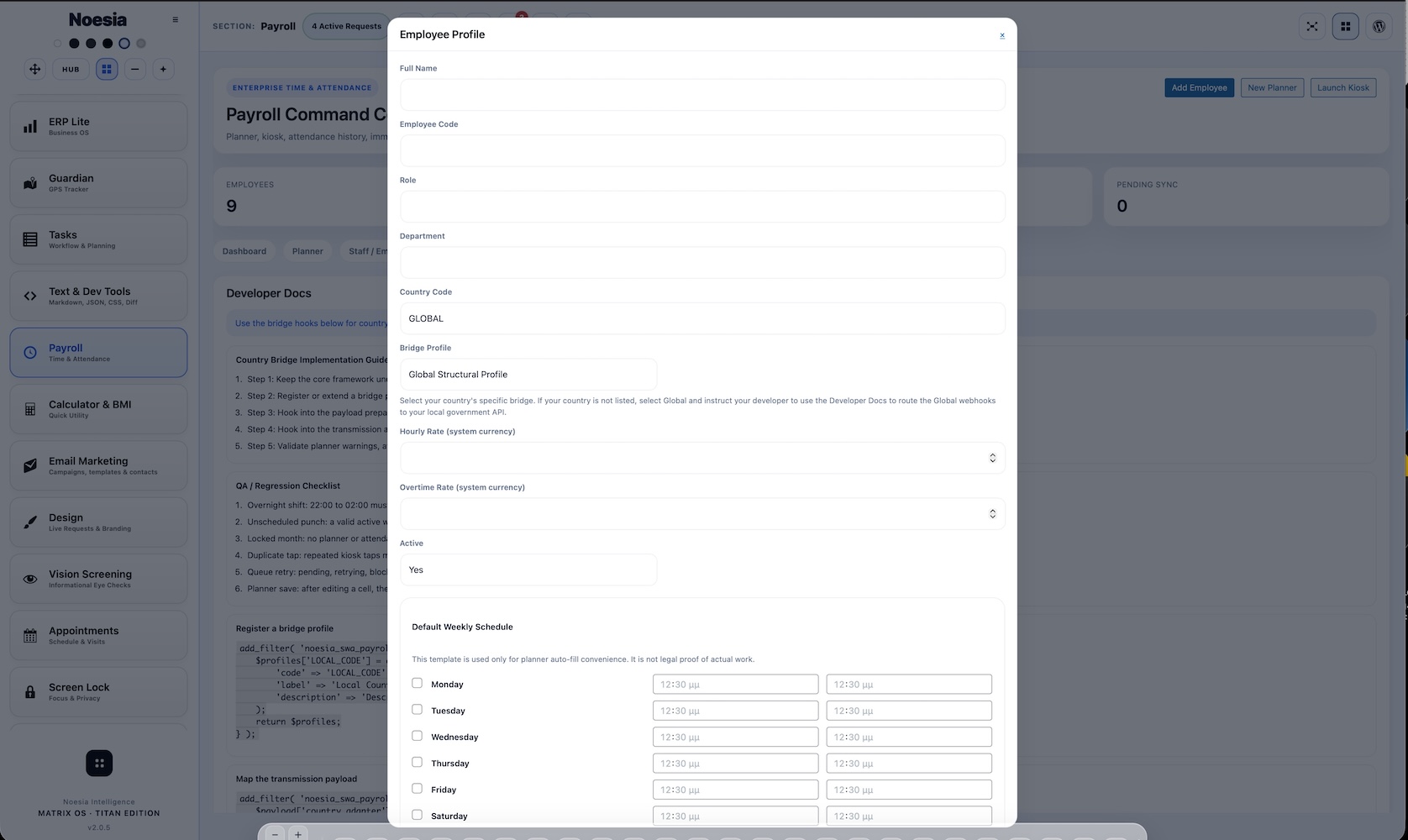 Payroll developer docs and framework scope screenshot