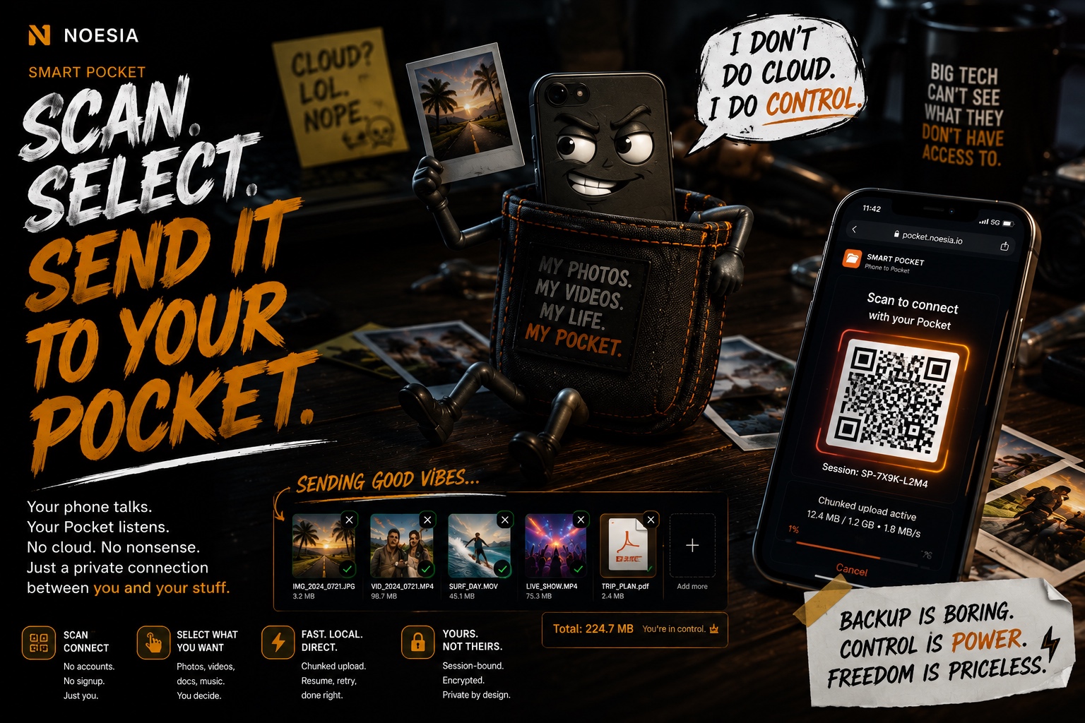 Smart Pocket. Your private media and transfer command center 14 Noesia Smart Pocket anti-cloud independence visual placeholder