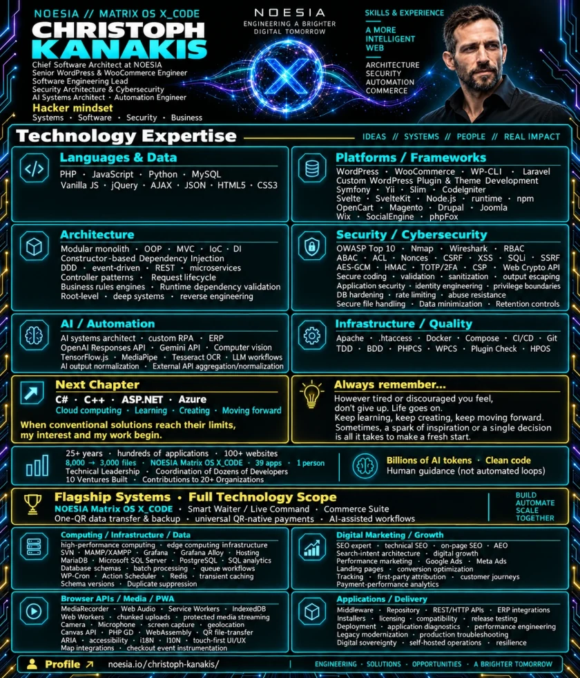 Inside Matrix X_Code: 10 Senior WordPress & WooCommerce Engineering Hacks 23 Christoph Kanakis technology expertise map across software architecture, cybersecurity, AI, automation, infrastructure and digital growth