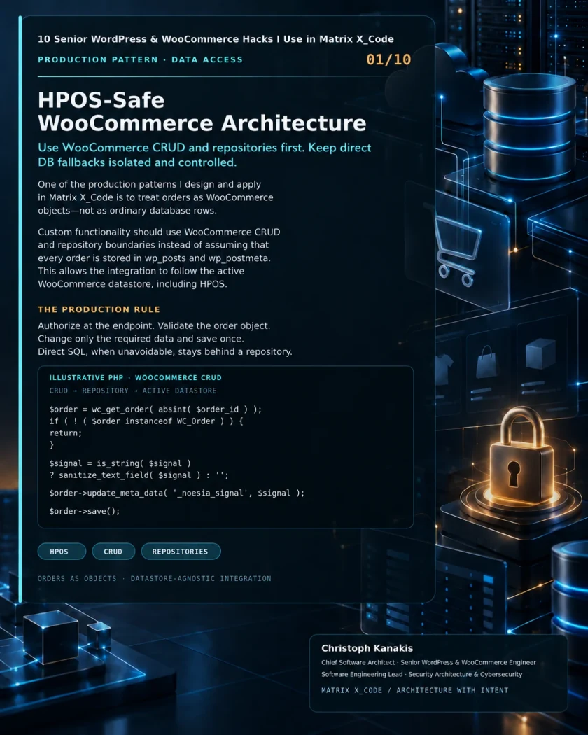 Inside Matrix X_Code: 10 Senior WordPress & WooCommerce Engineering Hacks 13 Engineering card: HPOS-safe WooCommerce architecture using CRUD and repository boundaries