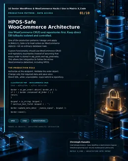 Inside Matrix X_Code: 10 Senior WordPress & WooCommerce Engineering Hacks 2 Engineering card: HPOS-safe WooCommerce architecture using CRUD and repository boundaries