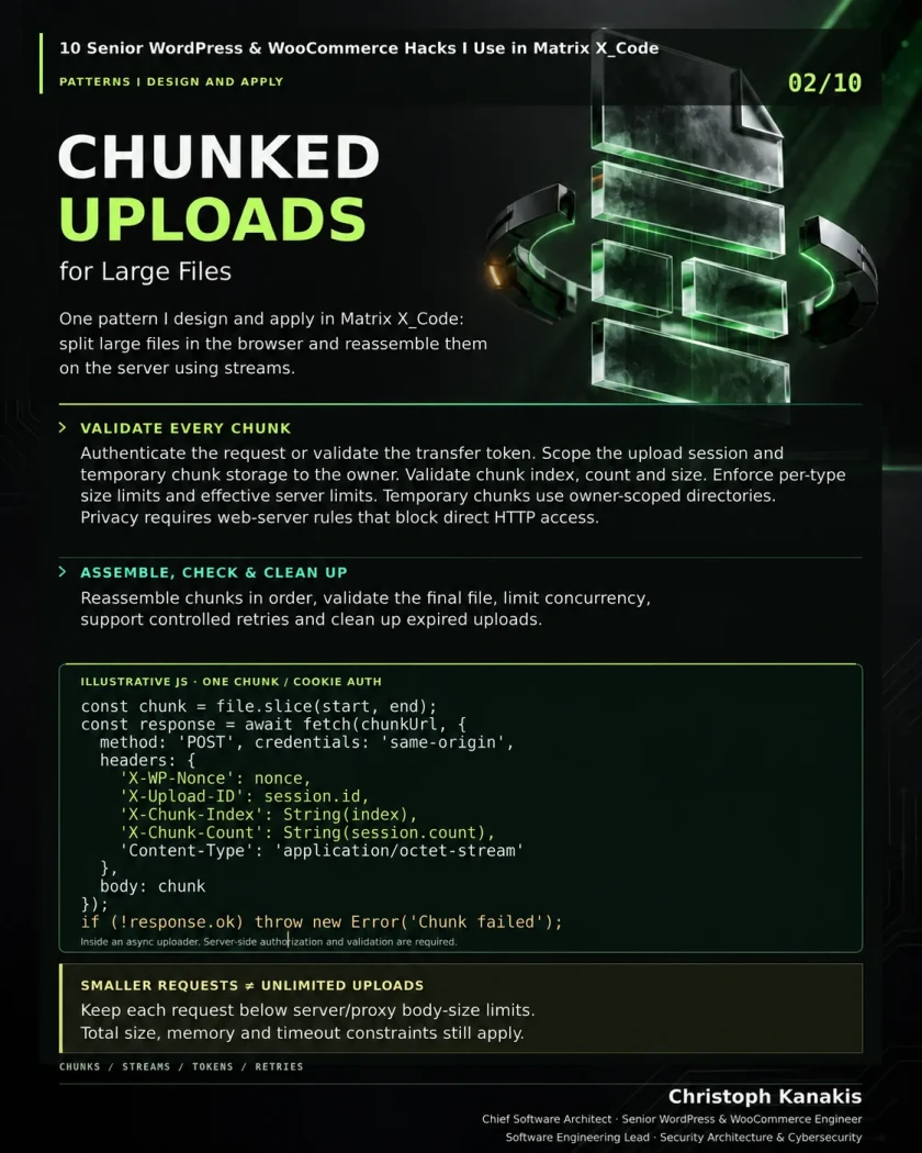 Inside Matrix X_Code: 10 Senior WordPress & WooCommerce Engineering Hacks 14 Engineering card: browser chunking and server-side stream reassembly for large files