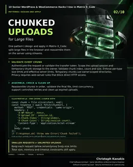 Inside Matrix X_Code: 10 Senior WordPress & WooCommerce Engineering Hacks 3 Engineering card: browser chunking and server-side stream reassembly for large files
