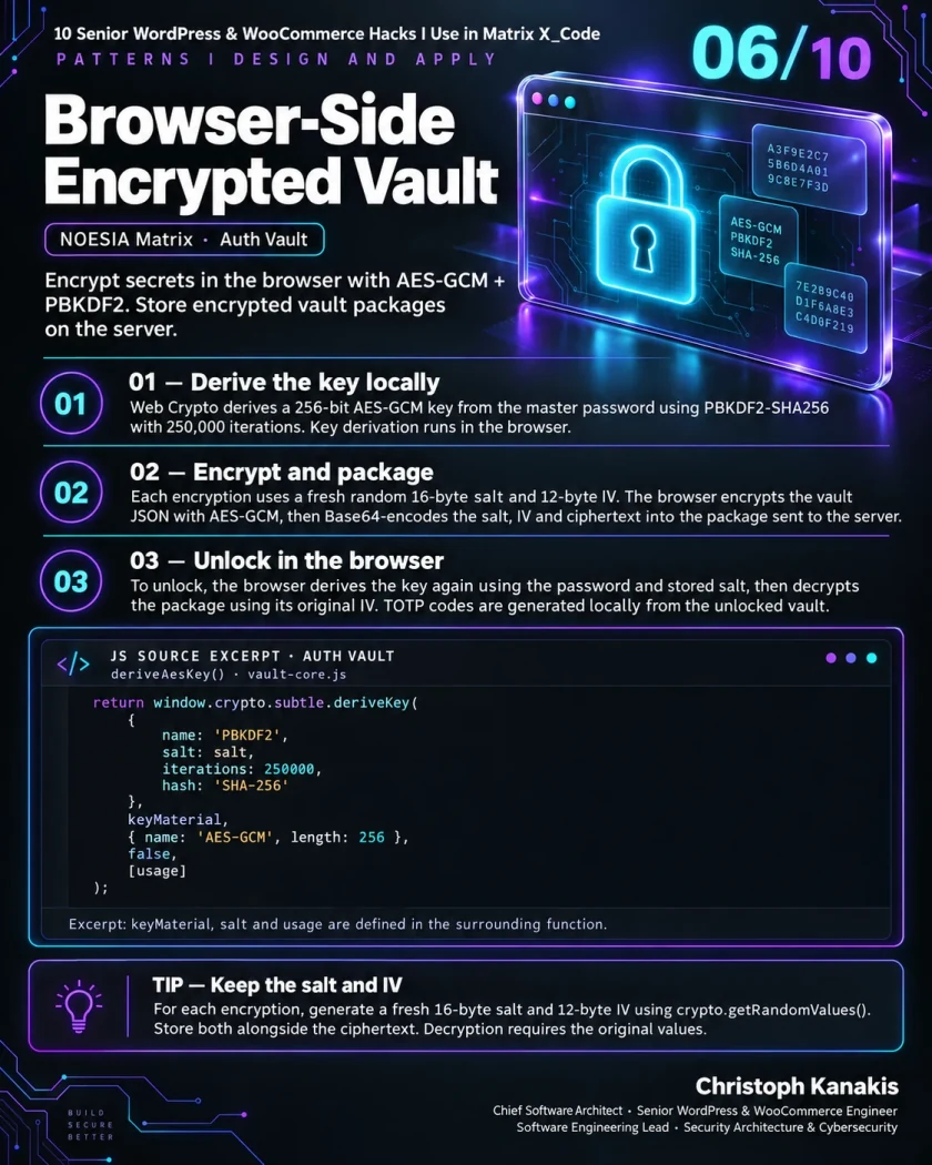 Inside Matrix X_Code: 10 Senior WordPress & WooCommerce Engineering Hacks 18 Engineering card: browser-side encrypted vault using AES-GCM and PBKDF2