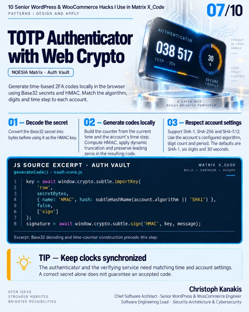 Inside Matrix X_Code: 10 Senior WordPress & WooCommerce Engineering Hacks 19 Engineering card: local TOTP generation with Base32 secrets, HMAC and Web Crypto