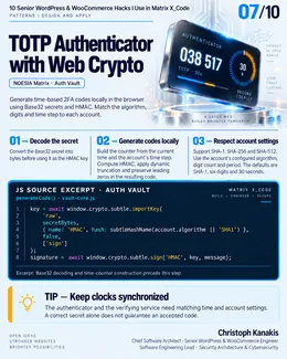 Inside Matrix X_Code: 10 Senior WordPress & WooCommerce Engineering Hacks 8 Engineering card: local TOTP generation with Base32 secrets, HMAC and Web Crypto