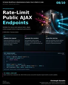 Inside Matrix X_Code: 10 Senior WordPress & WooCommerce Engineering Hacks 9 Engineering card: visitor-scoped rate limiting for public WordPress AJAX endpoints