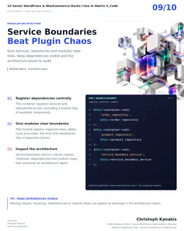 Inside Matrix X_Code: 10 Senior WordPress & WooCommerce Engineering Hacks 10 Engineering card: modular WordPress architecture with visible service, repository and module boundaries