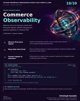 Inside Matrix X_Code: 10 Senior WordPress & WooCommerce Engineering Hacks 11 Engineering card: scoped first-party cart and checkout observability in WooCommerce