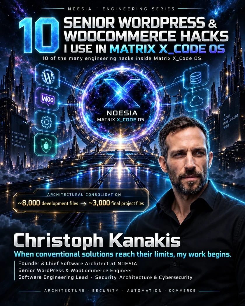 Christoph Kanakis presenting 10 senior WordPress and WooCommerce engineering hacks used in Matrix X_Code OS