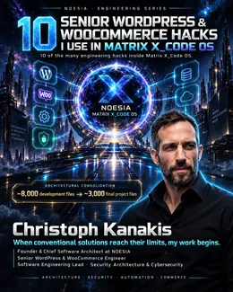 Inside Matrix X_Code: 10 Senior WordPress & WooCommerce Engineering Hacks 1 Christoph Kanakis presenting 10 senior WordPress and WooCommerce engineering hacks used in Matrix X_Code OS